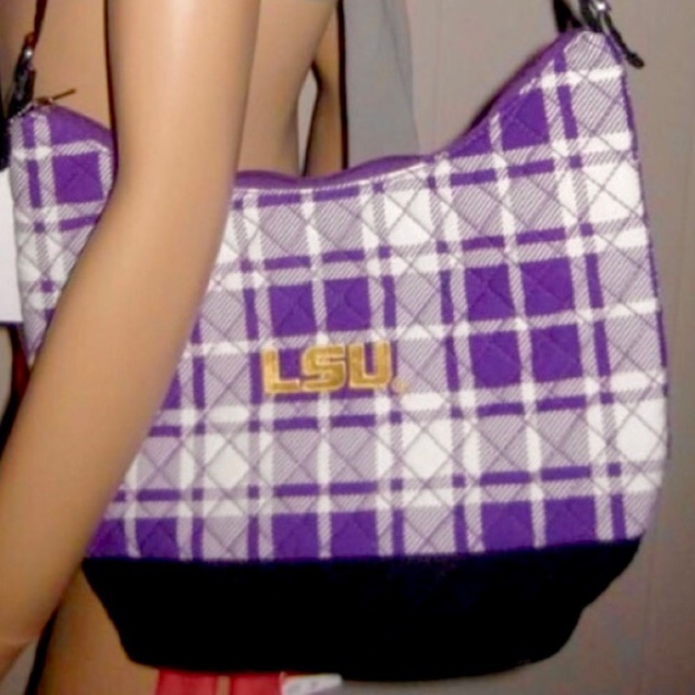 NWT $69 LSU FIGHTING TIGERS Quilted Plaid Bucket Purse - Shoulder Strap